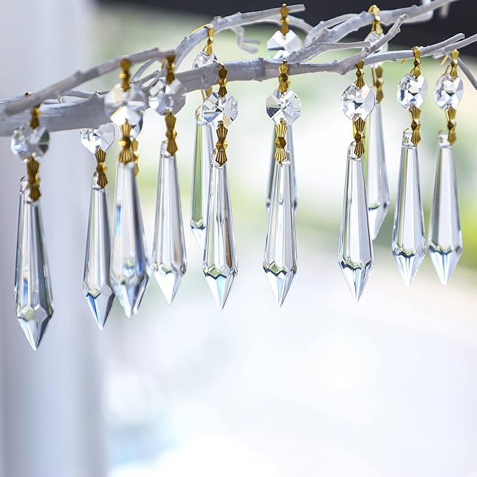 H&D 15pcs Large Clear Crystal Chandelier 60mm Icicle U-Drop Prisms Lamp Parts Brass Connectors