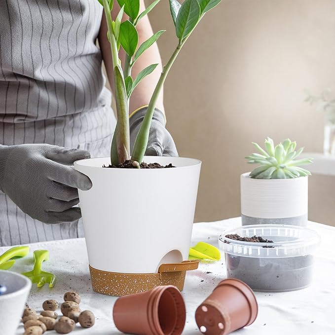 5 Pack 5 inch Self-Watering Pots, African Violets Planter with Drainage Holes and Reservoir, White Brown Plastic Planter for Indoor Outdoor Plants Flowers and Houseplants White Brown, 5 inch 5 pcs
