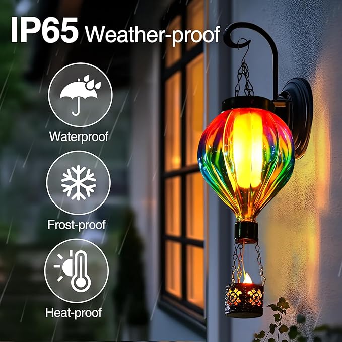 Hot Air Balloon Solar Lantern Outdoor Waterproof with Flickering Flame Gifts for Women Grandma Mom Glas Hanging Solar Lights Decorative for Outside Wall Front Porch Yard Garden Fence