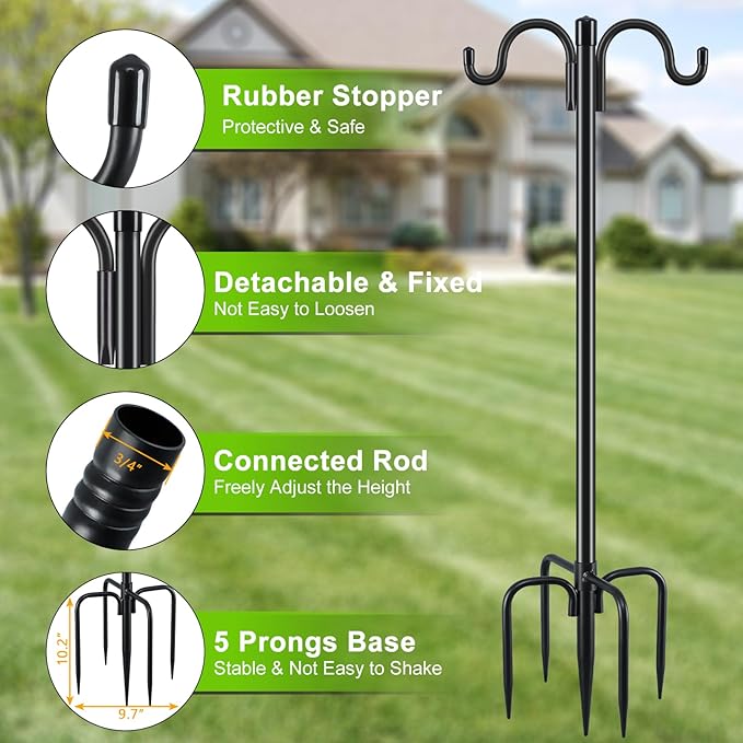 Gtongoko Double Shepherds Hook for Outdoor, 108 Inch Heavy Duty Bird Feeder Pole 3/4 Inch Thick Garden Hooks for Hanging Hummingbird Feeder, Plant Baskets, Solar Light Lanterns, 1 Pack