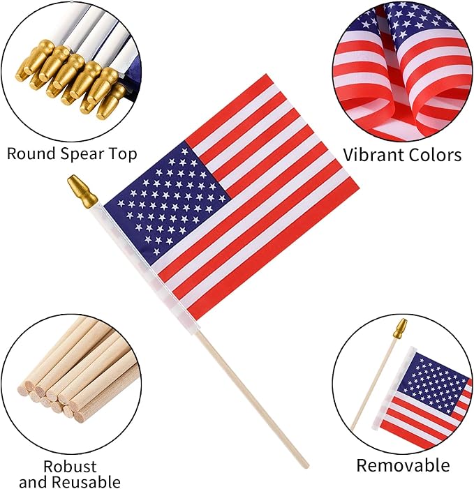 200pcs Small American Flags on Stick, Handheld 8 x 5.5 Inchs Mini American Flags with Kid-Safe Golden Spear Top, US Flags for 4th of July Decorations Outdoor, Independence Day Decorations