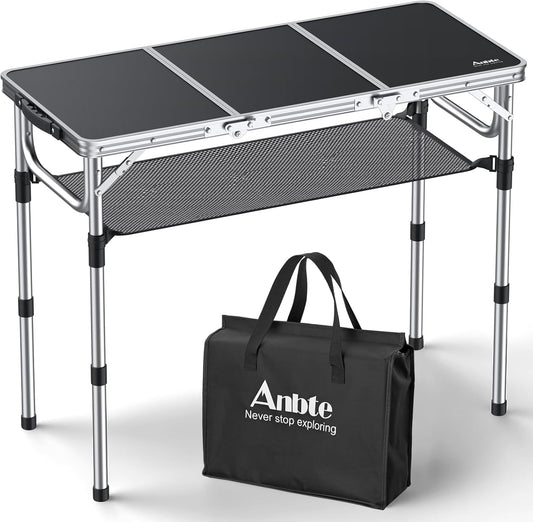 Folding Camping Table with Storage Net, 3ft Camping Table Aluminum Folding Table with 3 Adjustable Height Max 27.1 Inch Picnic Table Portable Table for Outdoor Backyard BBQ, Black