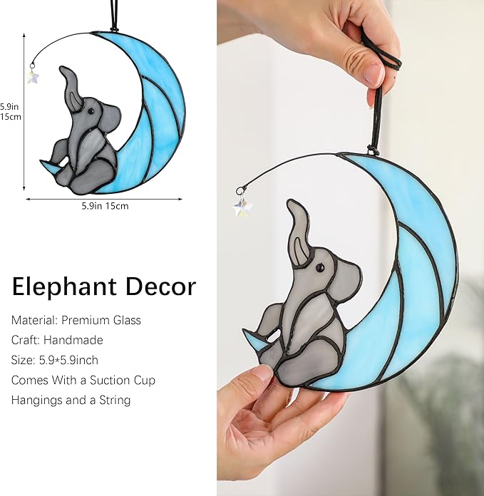 HDCRYSTALGIFTS Glass Elephant Ornament Stained Glass Window Hanging Decor, Modern Design Elephant on Moon with Star Collectibles Handcrafted Sun Catcher Gifts for Birthday Women