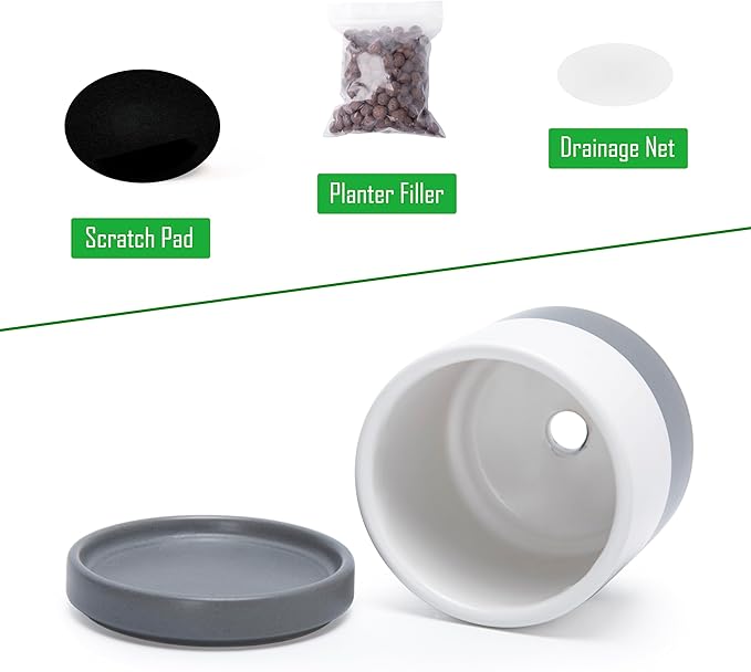 D'vine Dev Set of 4 Small Ceramic Plant Pots, 3.5 Inch Succulent Planter Pot for Plants with Drainage Hole and Saucer, White/Speckled Grey, 94-X-A-6