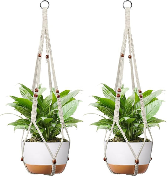 43 Inch Macrame Plant Hanger - Fits 6-15 Inch Pots, Extra Long Hanging Planter Holder for Indoor Outdoor, with Red Wood Beads, Boho Home Decor, 2 Pack, Ivory (POTS NOT Included)