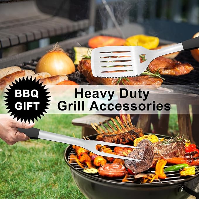 Grill Tools BBQ Accessories Set of 2, 15.8'' Heavy Duty Stainless Steel Grill Utensils with Grill Spatula and Fork, Full Tang Silicone Handle, Outdoor Grilling Tools Barbecue Accessories