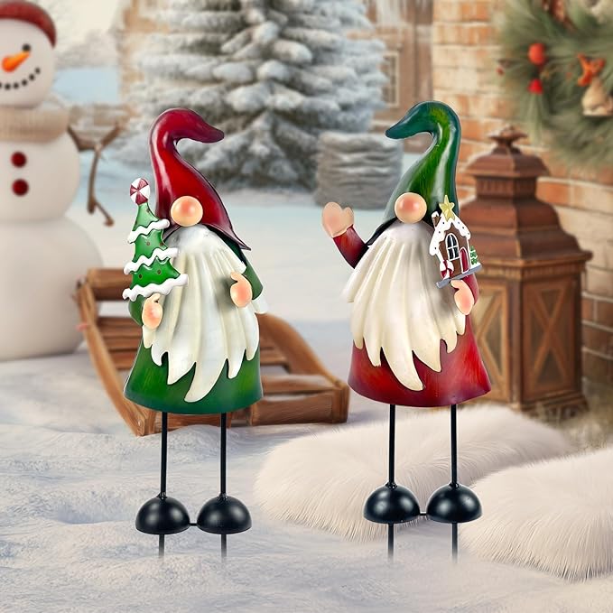 HONGLAND Christmas Decorations Outdoor Metal Gnome Yard Art Christmas Gnomes Statue 18 Inch Gnome Figurine for Holiday Christmas Lawn Patio Yard Garden Decor-2 PCS