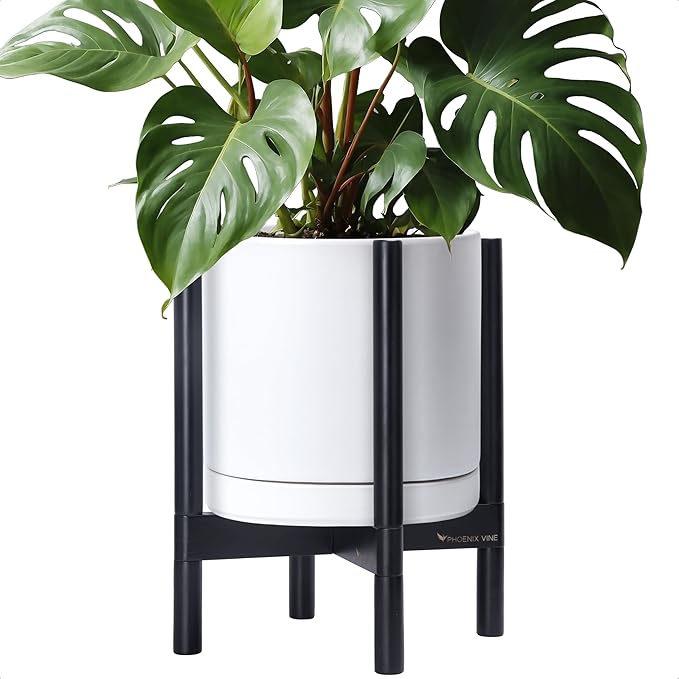 D'vine Dev Ceramic Planter with Ebony Stand - 12 Inch Modern Round Flower Pot with Wood Planter Holder, White, 55-B-H-1