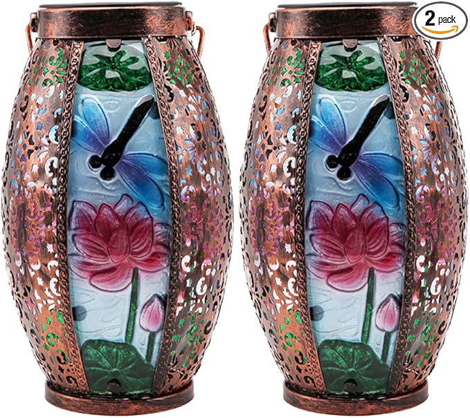 2PCS Dragonfly Solar Lanterns Glass & Metal Hanging Light Outdoor Waterproof 16" H Tabletop Lamp with Hollowed-Out Design with Shepherd's Hooks for Garden Patio Table Decor