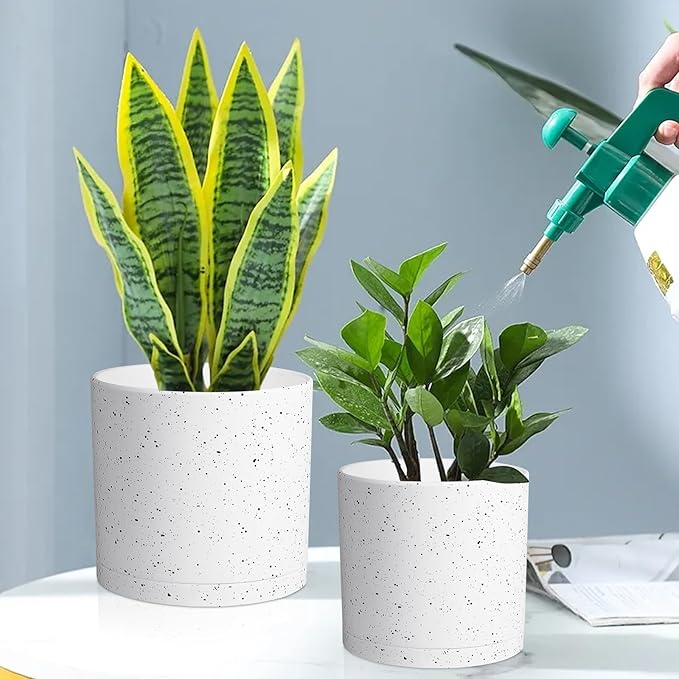 10/8/6 inch Deep Flower Pots, Cylinder Large Plant Pots for Outdoor Indoor Plants, 3 Pack Tall Plastic Planters with Drainage Holes and Saucers for Garden House Plants, Speckled White