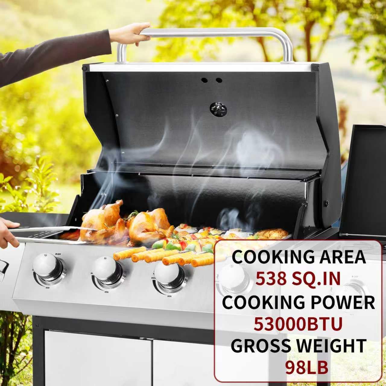 4-Burner Propane Gas BBQ Grill with Side Burner, 53,000 BTU Output with Enameled Cast Iron Grates for Patio Garden Barbecue, Stainless Steel