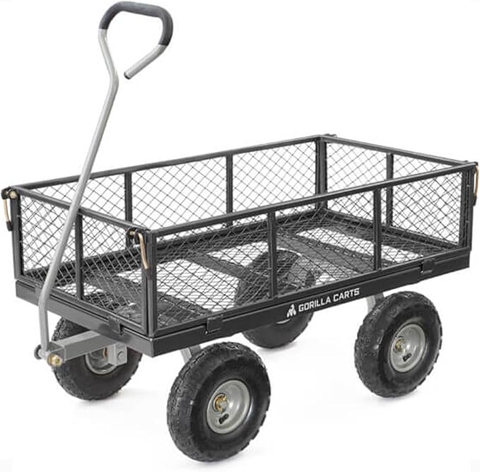 Gorilla Carts Steel Utility Cart, 4 Cu Ft Bed, 800 lb Load Capacity, Black – Heavy-Duty Outdoor Hauling Wagon with Removable Side Panels for Yard, Lawn, Garden or Landscaping