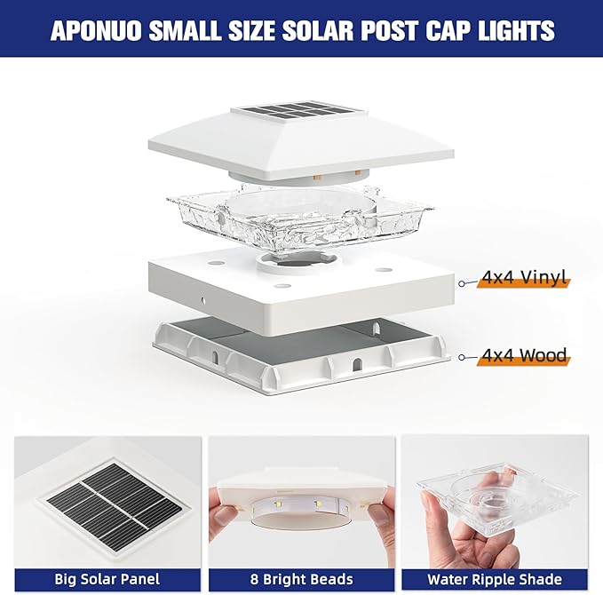 APONUO Solar Post Cap Lights for 4x4 Wood & Vinyl Posts, IP44 Waterproof Cool White LED 4x4 Post Solar Lights, Outdoor Garden Patio Yard Decor, 6 Pack (White)