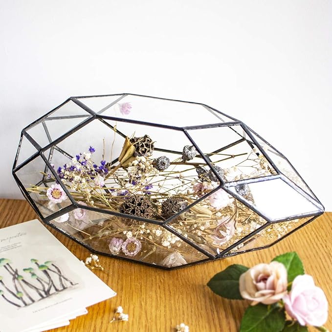 Ferrisland Handmade 10" Large Glass Terrarium Irregular Geometric Planter Indoor Air Plants Holder Window Balcony Display Succulent Flower Pot, Black