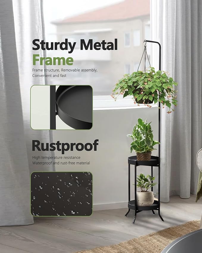 2Pcs Hanging Plant Stand Indoor Outdoor, Space-Saving Corner Metal Plant Shelf 3 Potted Flower Pot Stand, 2 Tier 61" Tall Modern Planter Holder for Patio Garden Balcony Living Room Bedroom