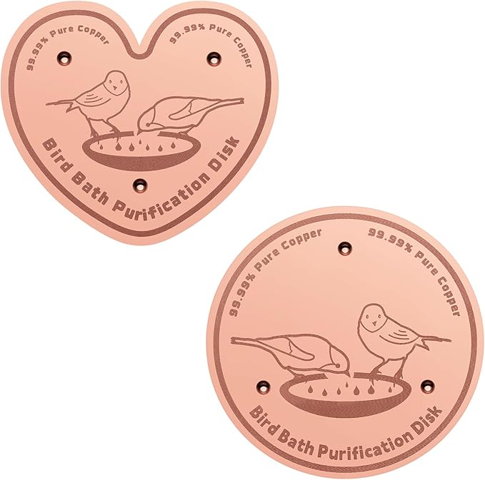 2-Pack 99.99% Pure Copper Bird Bath Purification Disk,Copper Disc with Stable Triple-Point Support,Fits All Outdoor Bird Baths(Heart-Shaped&Round)