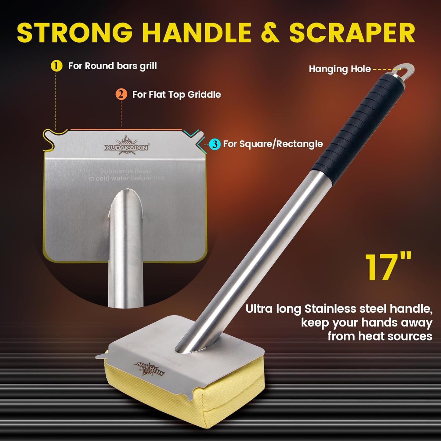 Grill Brush Bristle Free,BBQ Replaceable Scraper Cleaning Head,Safe Grill Accessories for Cast Iron Grates/Porcelain/Weber Gas/Charcoal Grill,Grill Brush for Outdoor Grill-Yellow