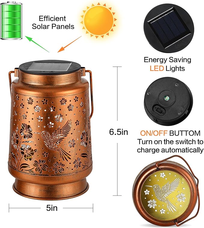 Hummingbird Solar Lanterns Outdoor Waterproof Garden Decor Birthday Gifts for Women Mom Grandma Hanging Solar Lights Metal Lantern Decoration Outside for Porch,Patio,Yard,Backyard