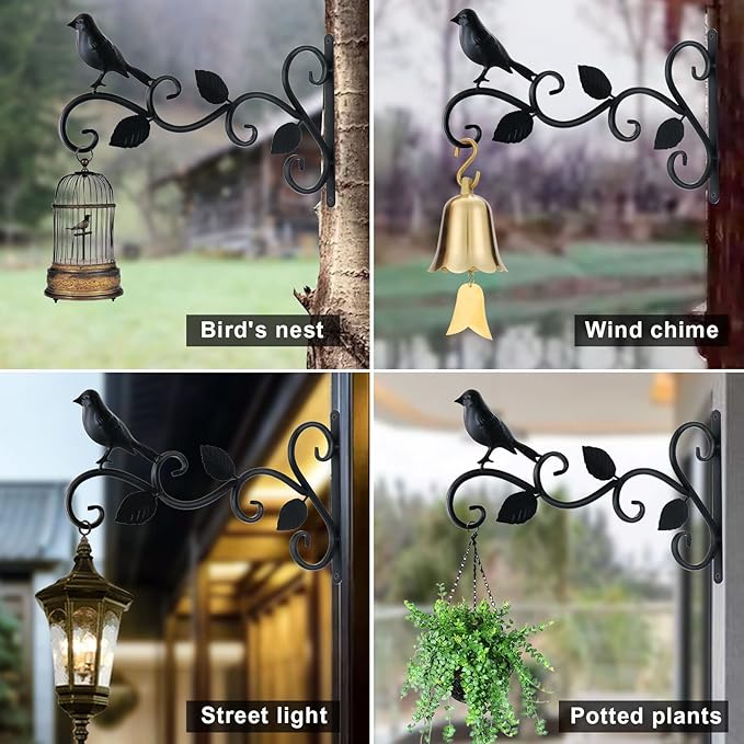 Hanging Plants Bracket 12" Bird Planter Outdoor Hooks Hangers for Flower Baskets Pot Bird Feeder Wind Chimes Lanterns Patio Garden Outdoor Indoor Metal Black, 4 Packs