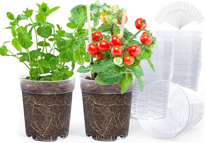 homenote Clear Nursery Pots for Plants,7 Inch Plant Pot for Planting Plastic Seedling with Drainage Holes Seed Starter Flower High Transparency with 20 Labels (15 Pack)