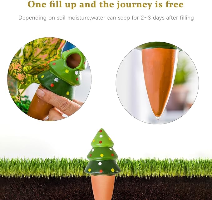 4 Pack Terracotta Christmas Tree Automatic Plant Watering Devices,Household self Watering Planter Insert, Watering Spikes for Indoor Plants,Holiday Potted Plant Continuous Moisture Device