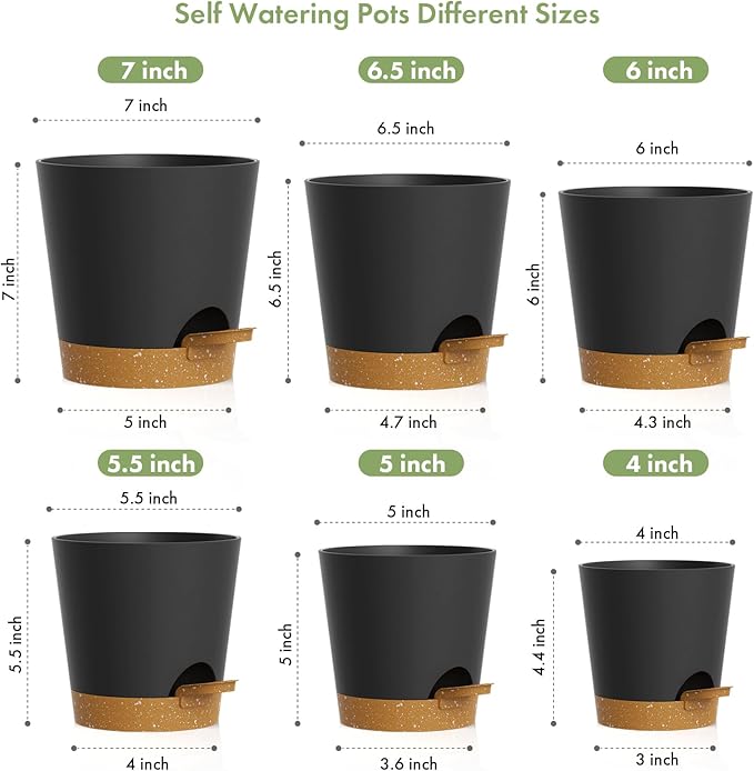 7/6.5/6/5.5/5/4 inch Self Watering Pots for Indoor Outdoor Plants, 6 Pack Plastic Flower Planters with Drainage Holes and Removable Saucers, Plant Pots with Wicking Rope, Black Brown