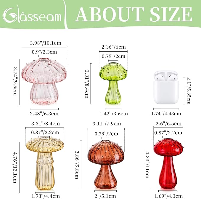 Glasseam Mushroom Glass Planter, Set of 5 Colored Plant Propagation Station, Mini Terrarium for Plants, Unique Small Glass Vase for Flowers, Cute Hydroponic Indoor Planters Gifts for Women Room Decor
