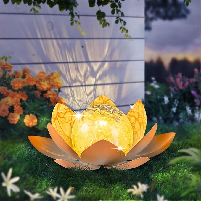 Huaxu Solar Lights Outdoor Garden Decoration Crackle Globe Glass Waterproof LED Metal Peach Lotus Flowers Gift for Mom,Women,Patio,Lawn,Walkway,Tabletop,Ground