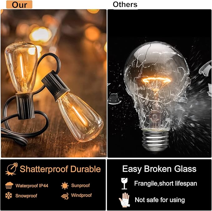 DAMAING Outdoor String Lights LED 100 FT Patio String Lights,52 ST38 Shatterproof Edison Style LED Bulbs,Vintage Plastic Outdoor Lights Waterproof for Bistro Gazebos Backyard Balcony Porch.