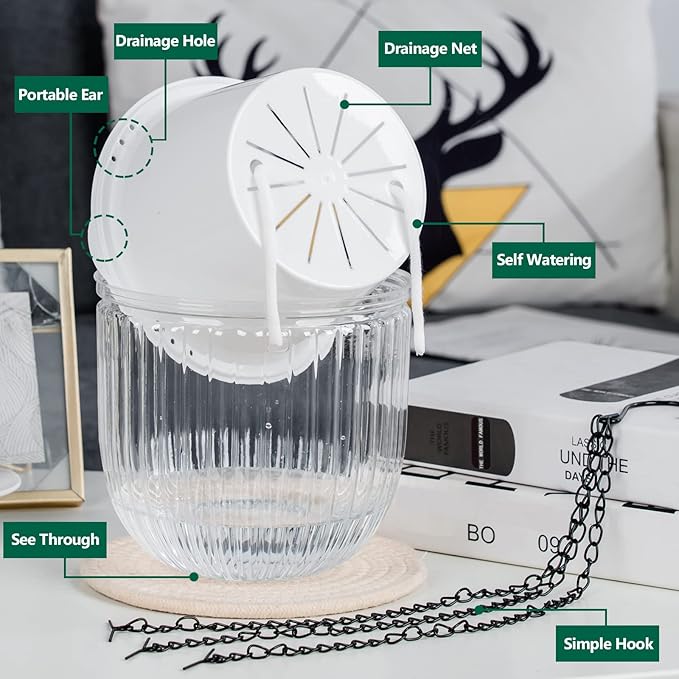 6.5 Inch 2 Pcs Self Watering Hanging Planter Indoor Plant Pots Drainage Holes, Outdoor Hanging Planters Flower Pot Basket, Visible Water Level, Plant Hanger Home Decor, Gardening