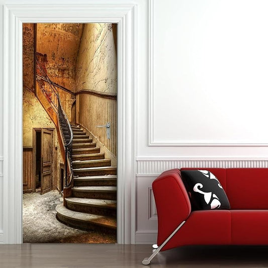 3D Door Wallpaper Self-Adhesive Door Sticker - Old Stairs - Door Film Poster Premium PVC Waterproof Wall Sticker for Bedroom Living Room Door Decoration Wallpaper 77 x 200 cm
