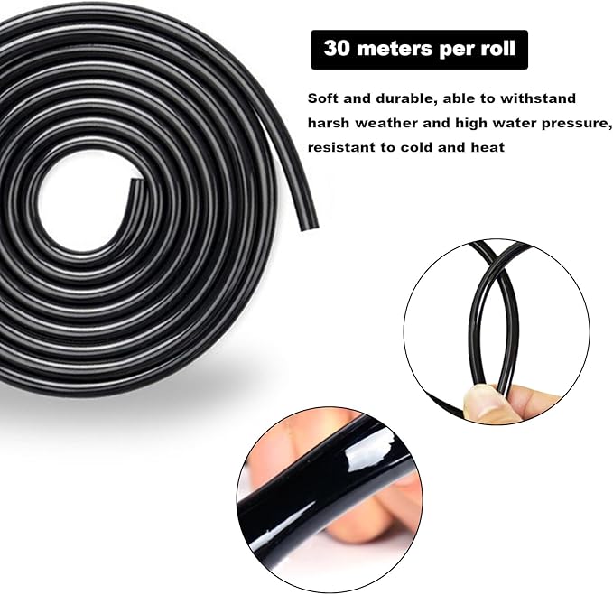 Drip Irrigation Tubing 100 Feet 1/4 drip Irrigation Drip Line Irrigation Hose with 5 Pcs 4/7 Drip Irrigation Tees, 15 Pcs 4/7 Straight, Drip Irrigation Kit (100FT)