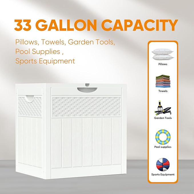 33 Gallon Resin Deck Box, Weatherproof Outdoor Storage Box for Patio, Garden and Yard, Lockable Waterproof Bin for Tools, Cushions, and Accessories, White