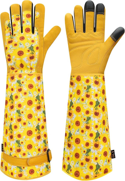 DLY Gardening Gloves for Women, Rose Gloves Gardening Thorn Proof, Long Garden Gloves for Women, Breathable Cowhide Leather Gauntlet (X-Large, Yellow