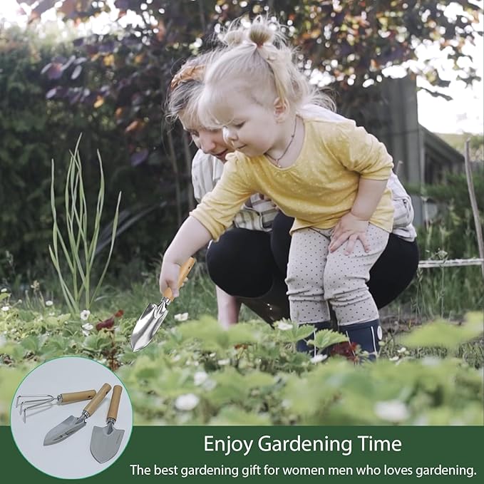 Garden Tool Set, 3 Pieces Gardening Kit with Garden Plant Twist Tie and Plastic Plant Tag, Stainless Steel Heavy Duty Garden Tools with Wooden Handle, Gardening Gifts for Women