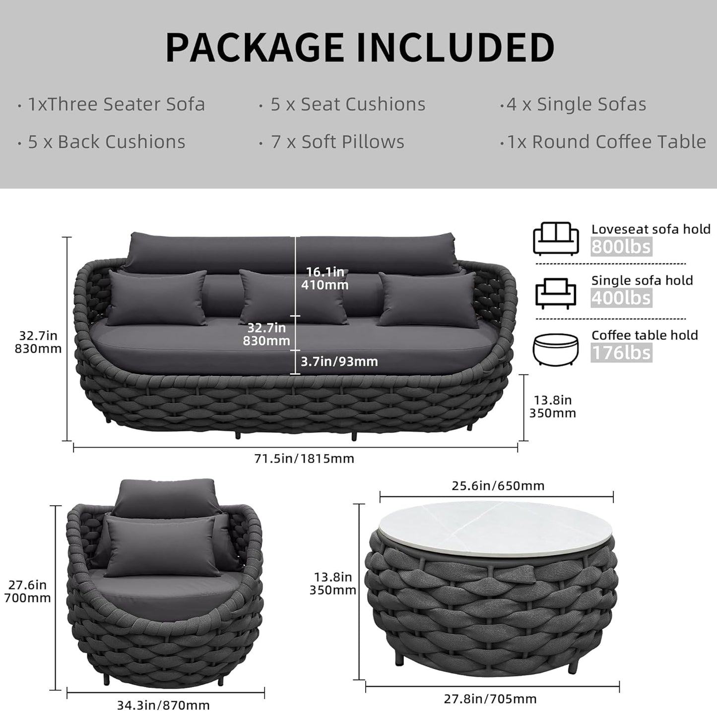 6-Piece Aluminum Patio Furniture Set, Modern Outdoor Conversation Set Sectional Sofa with Water Repellent Thick Cushions and Coffee Table for Balcony, Garden
