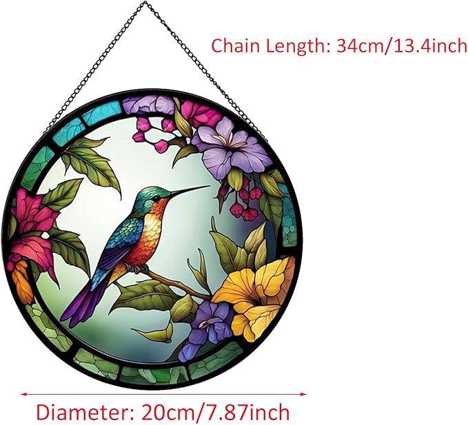 Hummingbirds and Flowers Pattern Hanging Stained Glass Suncatcher,Stained Glass Suncatchers for Windows,20cm/7.87inch Hand-Painted Sun Catcher Garden Painted Glass Panel Decor Themed Gift