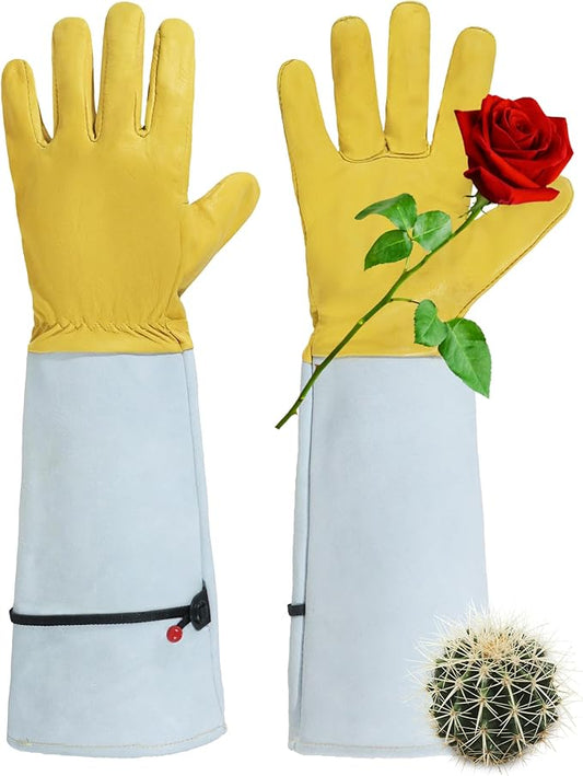 HANDLANDY Rose Gloves for Men & Women, Long Leather Gardening Gloves Thorn Proof, Best Garden Gifts & Tools for Gardener (Yellow-beige, Medium (Pack of 1))