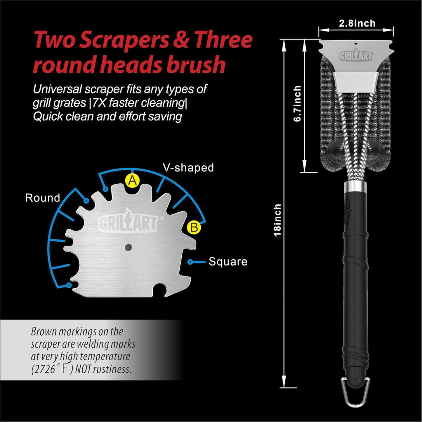 GRILLART Grill Brush and Scraper,18 Inch BBQ Grill Cleaning Brush Kit, Safe Wire Scrubber, Universal Fit BBQ Cleaner Accessories for All Grates