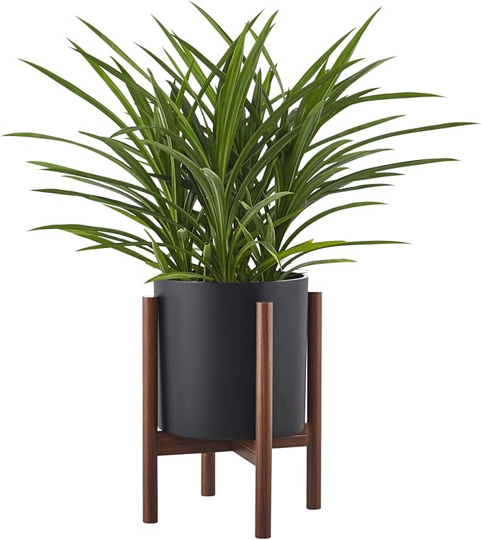 FaithLand Plant Pot 10 inch - Perfectly Fits Mid-Century Modern Plant Stand - Drainage Plug and Drainage Mesh Screen - Matte Black Planter