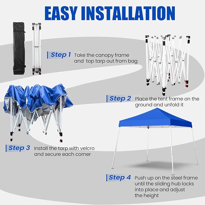 10x10 Pop Up Canopy, 300D Silver Coated Blue Fabric Outdoor Gazebo, Beach Tent Slant Legs with Storage Bag,Easy Up Sun Shade Shelter Tents with 8x8 Top Cover for Patio,Party