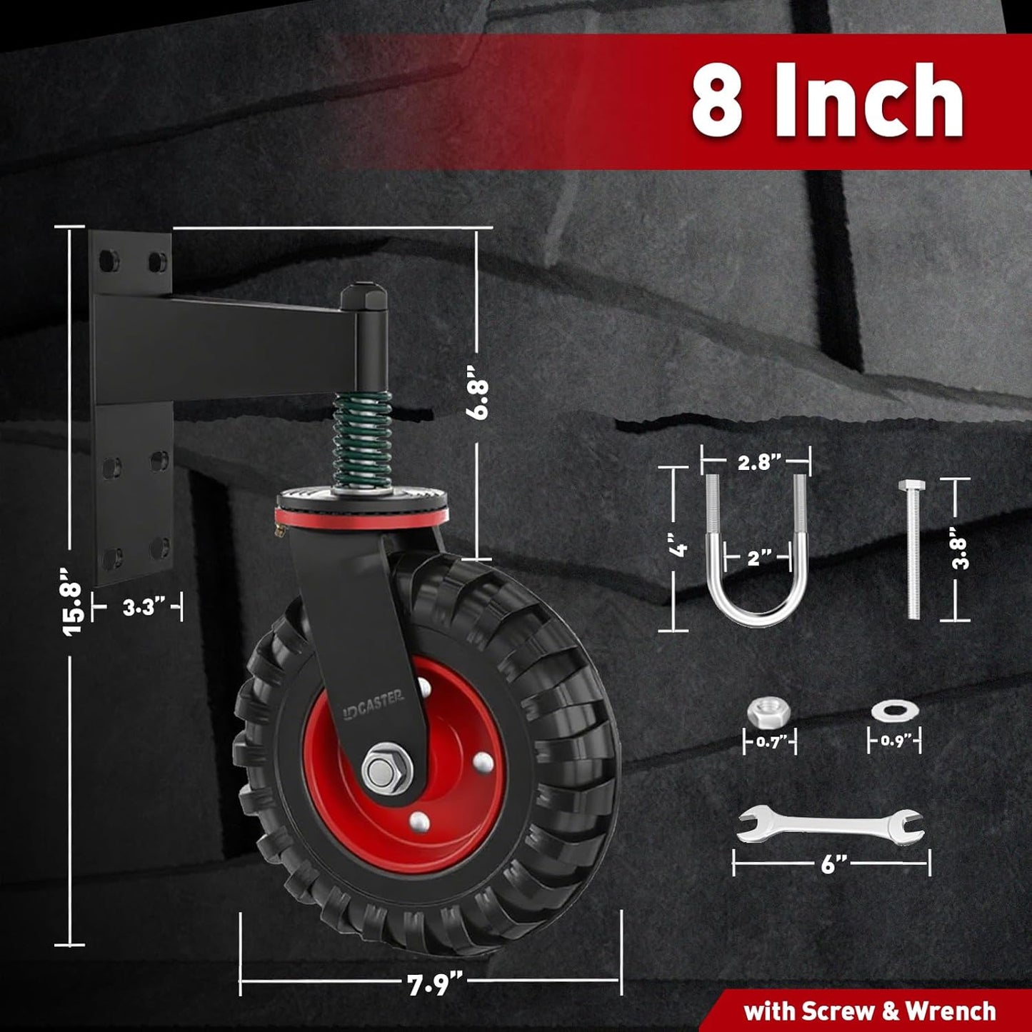 Heavy Duty Gate Wheel, 8" Double-Welded,600lb Capacity for Metal Tube & Wooden Gates, 360° Swivel Spring-Loaded Caster with 2 Installation Kits