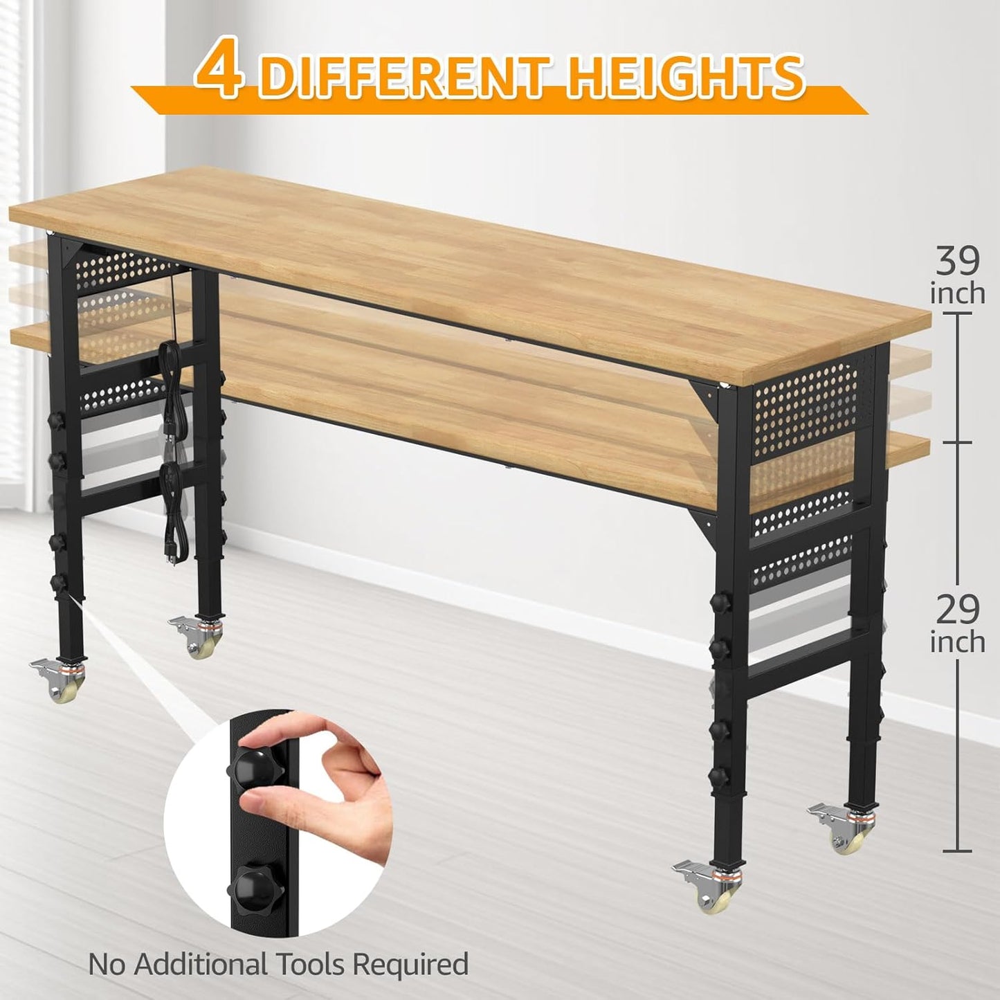 70" Adjustable Workbench,Heavy-Duty Work Table,3000 LBS Load Capacity Hardwood Workstation Outlets with Power Strips, Drawers and Wheels,for Workshop, Garage
