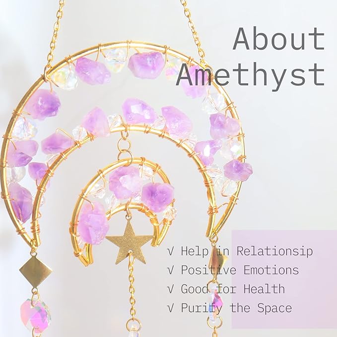 Amethyst Crystals Suncatcher - Hanging Moon Sun Catcher with Glass Prisms for Windows, Healing Amethyst Crystal Decor for Home, Gift for Christmas Birthday Valentine Mothers Day