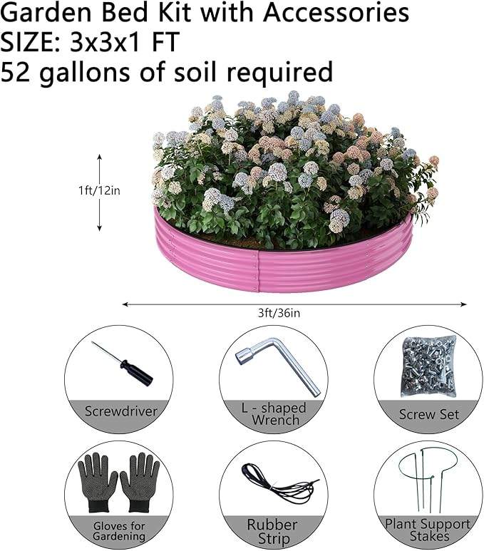 Galvanized Metal Planter Round Raised Garden Bed Kit for Gardening Outdoor，3x3x1ft Grow Garden Box Raised Flower Bed，Round Galvanized Planter Outdoor Large Metal Fire Pit Ring