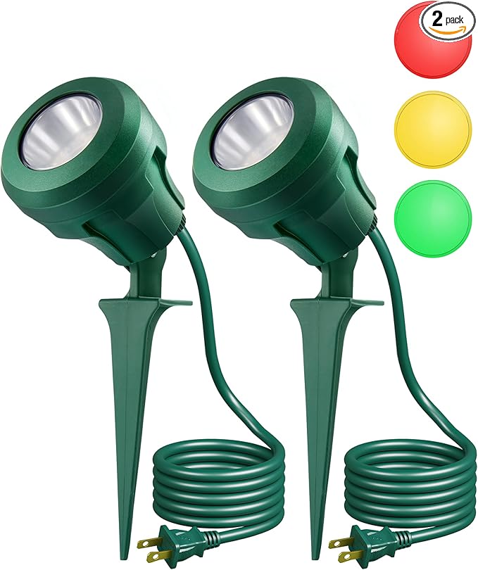 EDISHINE LED Outdoor Spotlights, 120V 4.8W Plug in Spot Light with 3 Lenses (Red Green Yellow), 180° Rotatable, 5000K, Waterproof Landscape Lighting for Flag Tree Garden, 2 Pack