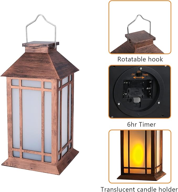 2-Pack 13" Vintage Candle Lantern with Led Flameless Candle (6hr Timer) - IP65 Waterproof Battery Powered - Outdoor Patio Hanging Lanterns Decorative Tabletop Lanterns