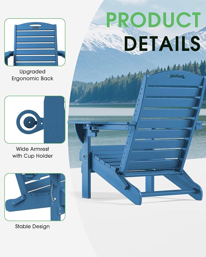 Folding Adirondack Chair HDPE All-Weather Adirondack Chairs with Cup Holder, Outdoor Fire Pit Chairs Lawn Chair for Deck Patio Garden (NavyBlue)