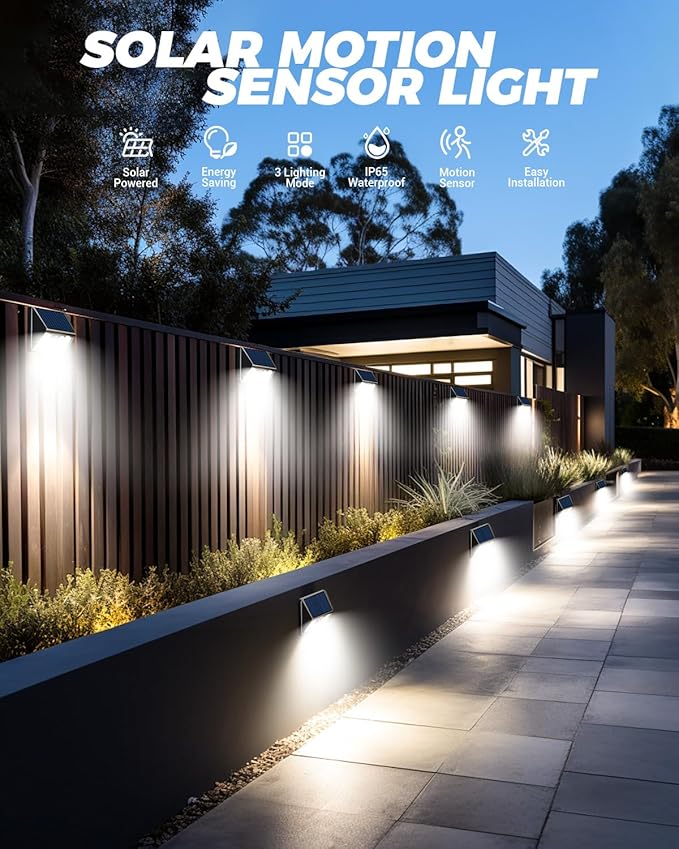12 Pack Solar Fence Lights Waterproof, Motion Sensor Deck Lights Outdoor, Cold White LED Outside Lights Wireless for Wall Yard Steps Stairs Garden - Black