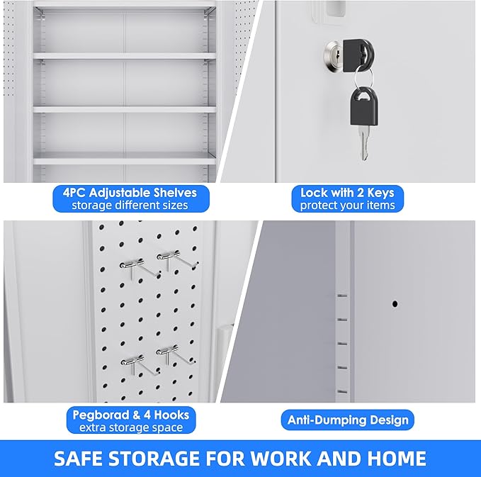 73" H Metal Storage Cabinet with Wheels, Pegboard and 4 Hooks, Garage Storage Cabinet with 4 Adjustable Shelves and 2 Lockable Doors for Garage Home Office, Basement, Assembly Required, White